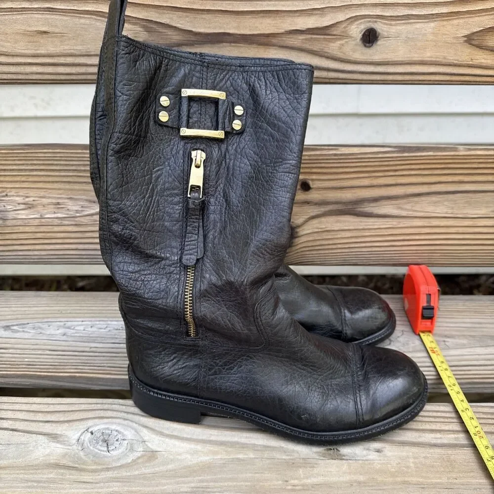 Tory Burch Black Leather Mid Calf Riding Boots Gold Zip Buckle Women’s Size 8.5M